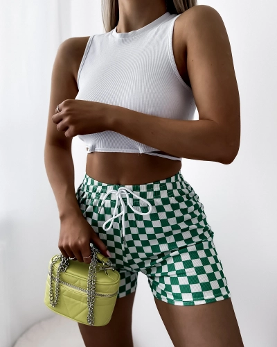Short court en tissu à carreaux blanc et vert pour femme PLUS SIZE- Clothing