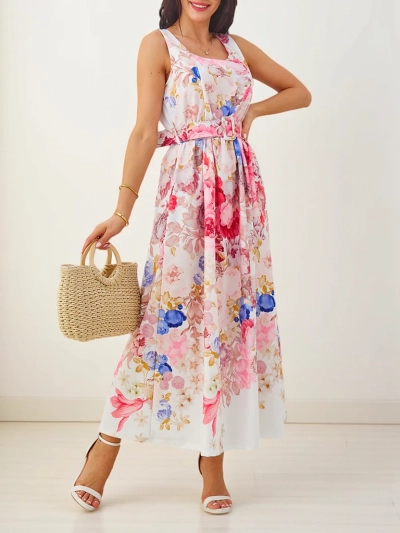 Robe midi en viscose pour femmes de Royalfashion avec des bretelles, avec une ceinture à fleurs variées