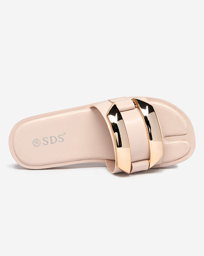 Pantoufles beiges pour femmes avec un grand ornement doré Kedino - Footwear