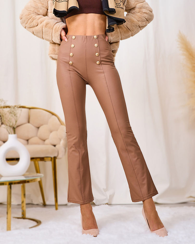 Royalfashion Leggings en éco-cuir pour femme marron avec boutons dorés