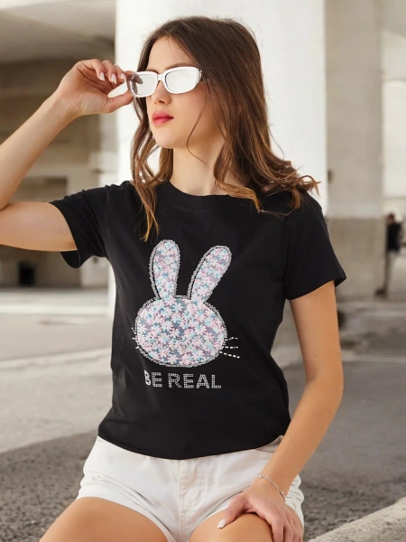 Royalfashion T-shirt en coton pour femmes Bunny Say Be Real