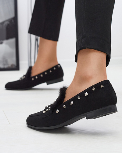 Mocassins noirs pour femmes avec strass et fourrure Nerrov- Footwear