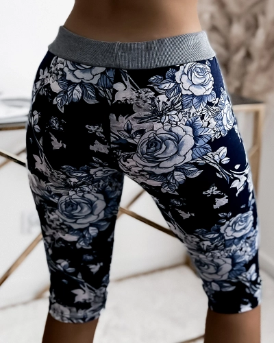 Short femme 3/4 bleu marine et bleu à motif fleuri GRANDE TAILLE - Vêtements
