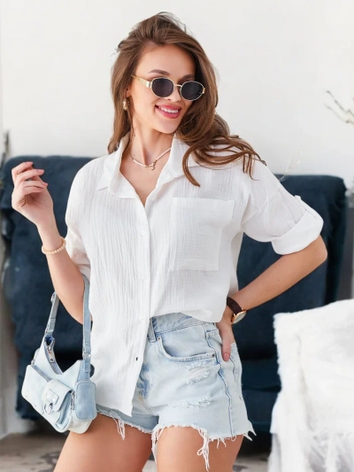 Chemise en coton pour femmes Royalfashion avec embossage et un col en V et des manches 3/4