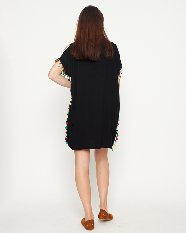 Tunique de plage d'été noire à franges pour femme - Vêtement