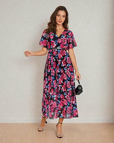 Royalfashion Robe midi plissée à motif floral pour femme