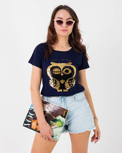 T-Shirt Femme Bleu Marine Paillettes - Vêtements