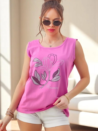 Haut sans manches en coton pour femmes Royalfashion avec des strass FLEURS