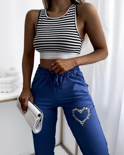 Pantalon de survêtement bleu pour femme avec ornements en zircon- Vêtements