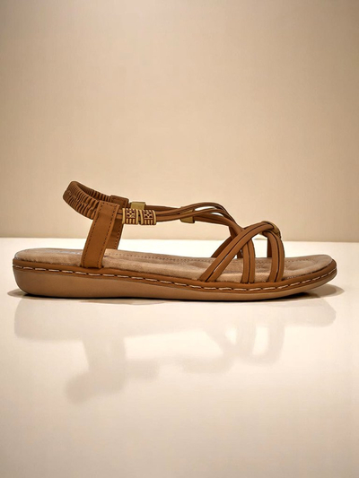 Sandales pour femmes Royalfashion Cressida camel plates confort cuir écologique été
