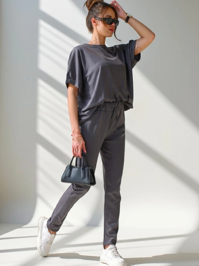 Ensemble en coton Royalfashion pour femmes avec manches courtes et pantalon droit