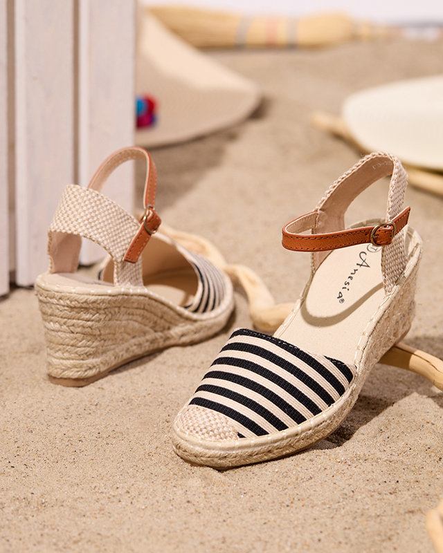 OUTLET Espadrilles femme noires à rayures sur le compensé Mecera - Chaussures