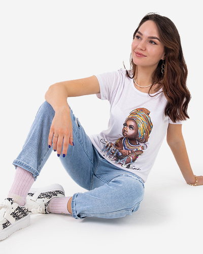 T-shirt femme blanc imprimé coloré et sequins - Vêtements