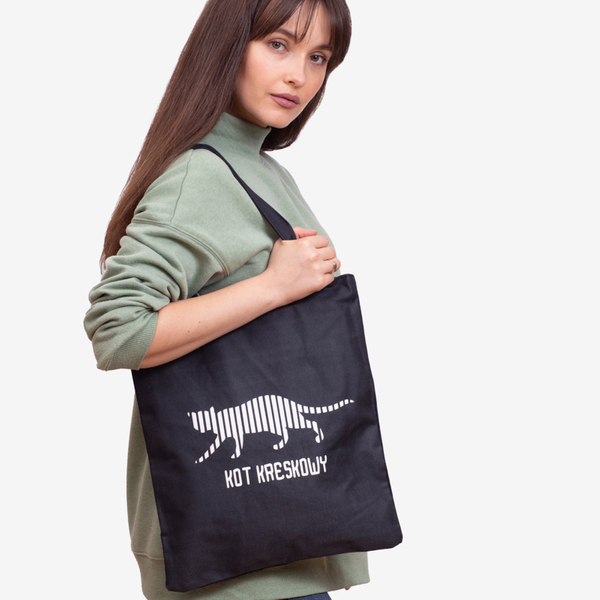 Sac en tissu noir avec signe et imprimé chat - Accessoires