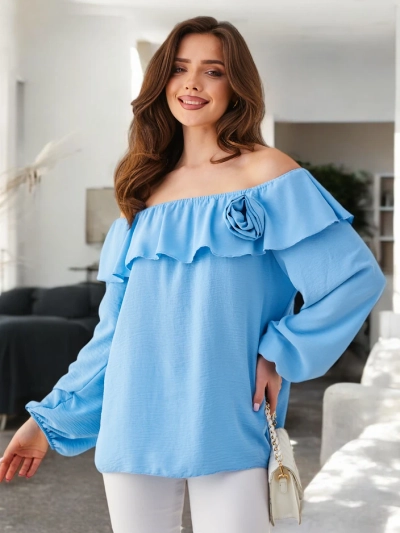 Royalfashion Haut féminin dénudé épaules avec volant et fleur