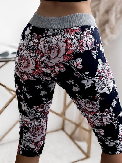 Short femme 3/4 fleuri bleu marine et corail GRANDE TAILLE - Vêtements