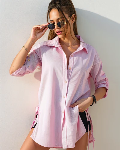 Chemise rayée en coton pour femmes, longue, avec ceinture à la taille