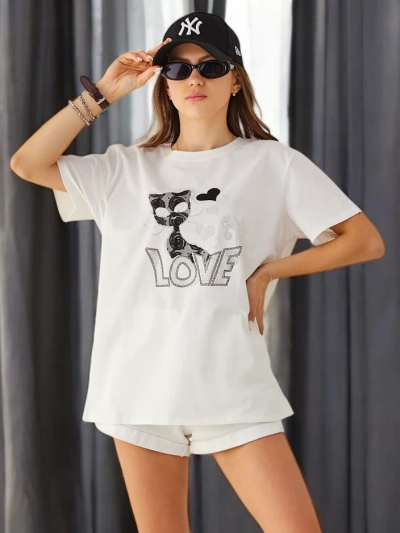 Royalfashion T-shirt en coton pour femmes Cat Love