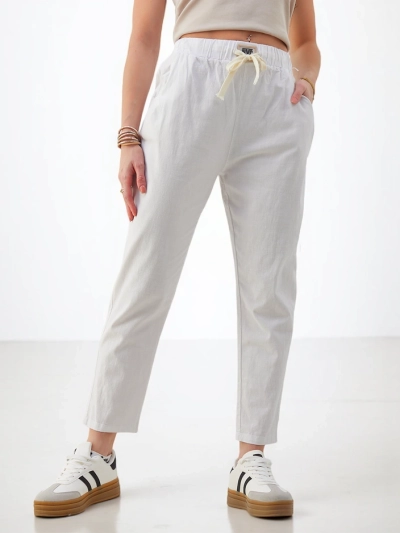 Pantalons droits en coton Royalfashion pour femmes avec un lien à la taille