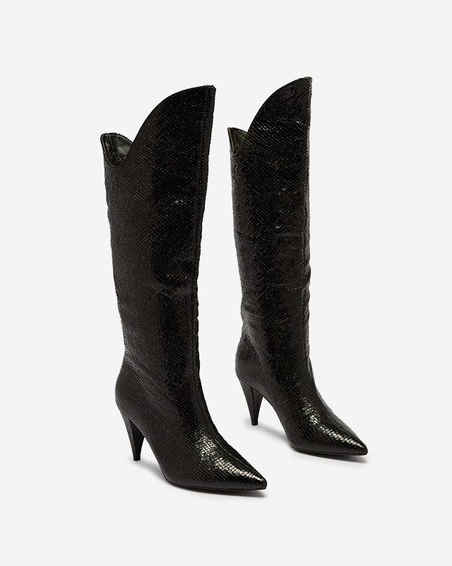 Bottes noires à talons hauts pour femmes avec gaufrage Elivea- Footwear