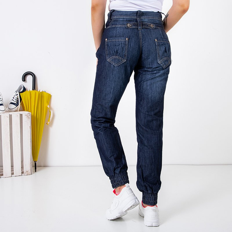 Jean femme bleu marine avec une bande élastique sur les jambes - Vêtements
