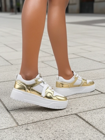 Baskets pour femmes 'Aurelia' Or et Blanc à plateforme de 4 cm - Style et confort