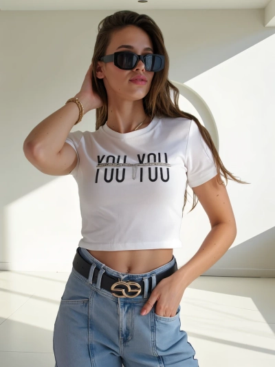 Royalfashion Haut court en coton pour femmes avec l'inscription