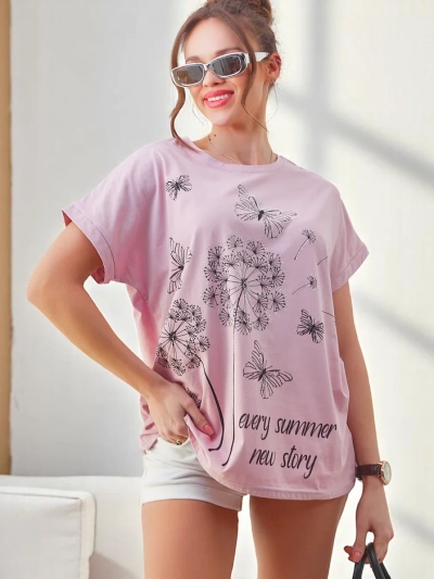 T-shirt en coton Royalfashion pour femmes avec des pissenlits et un papillon