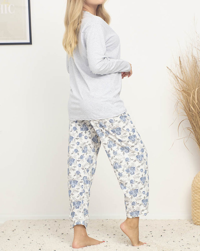 Pyjama pour femmes avec imprimé floral en gris-bleu TAILLE PLUS- Vêtements