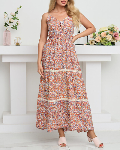 Robe longue femme orange à fleurs colorées - Vêtements