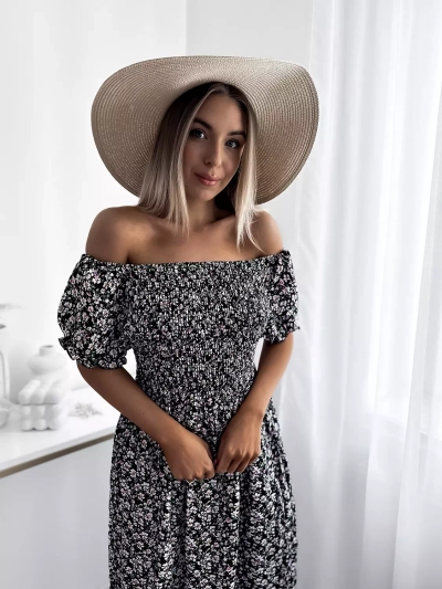 Robe midi à fleurs pour femme noire - Vêtements