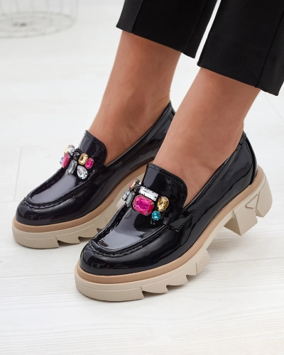 Mocassins noirs laqués avec pierres colorées Sarix - Footwear