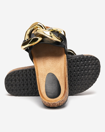 Claquettes d'été Ariadne Royalfashion avec une grande chaîne dorée, cuir noir