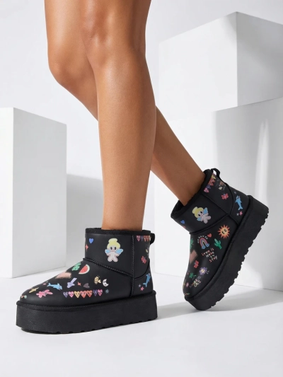 Royalfashion Bottes courtes pour femmes de style botte de neige avec des autocollants Hanaga