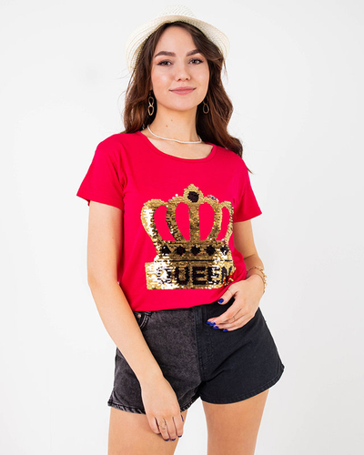 T-Shirt Femme Fuchsia avec Couronne et Paillettes - Vêtements
