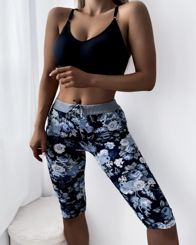 Short 3/4 femme bleu à motif fleuri - Vêtements