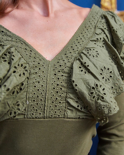 Royalfashion Chemisier femme vert avec dentelle