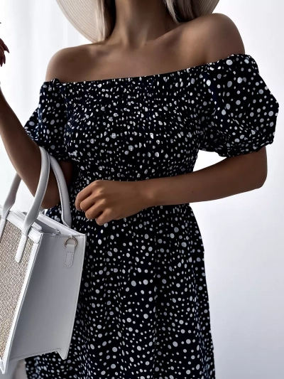 Robe longue à pois pour femme bleu marine- Vêtements