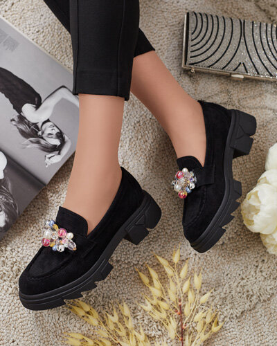 Royalfashion Mocassins noirs pour femme avec cristaux colorés Glam