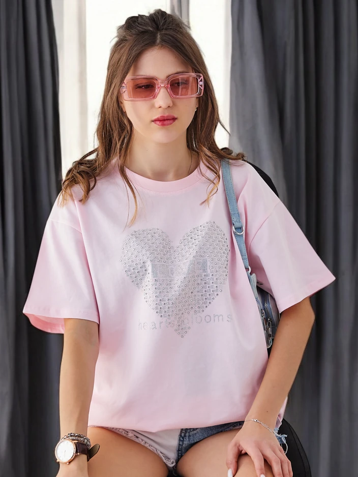 Royalfashion T-shirt en coton pour femmes LOVE avec cristaux