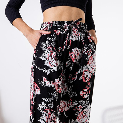 Pantalon femme noir à motif floral - Vêtements