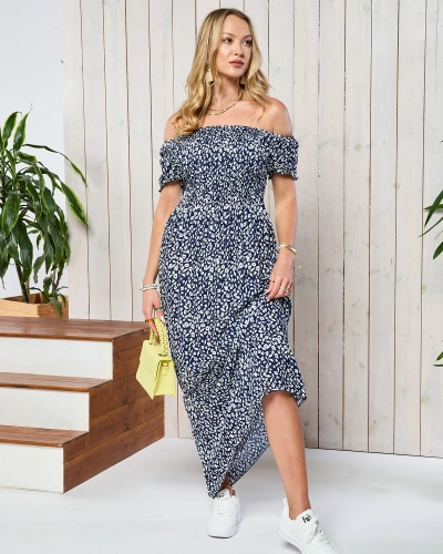 Robe midi bleu marine à motif floral pour femme - Vêtements