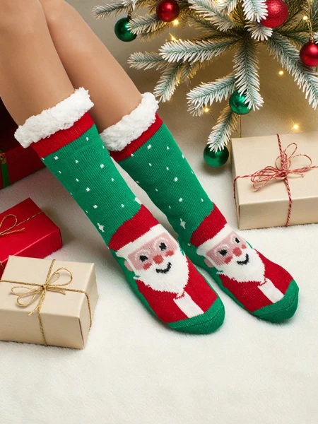 Chaussettes Femme Santa Vertes Tricotées Chaudes pour l'Hiver