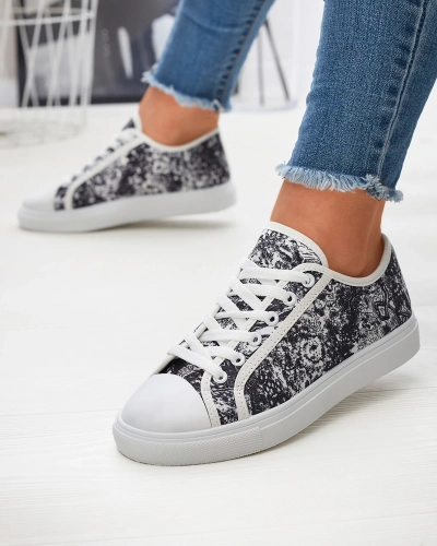 Tennis pour femmes noires et blanches avec imprimé Denoll- Footwear