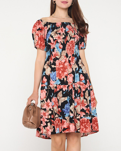Mini-robe noire pour femme avec fleurs et dos ouvert - Vêtements