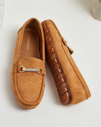Mocassins pour Femmes Camel Aurelia en Daim avec Ornement - Confort et Style sur Talon Plat
