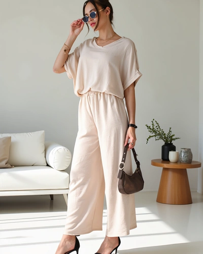 Ensemble décontracté Royalfashion pour femmes avec un haut à manches courtes et un pantalon large