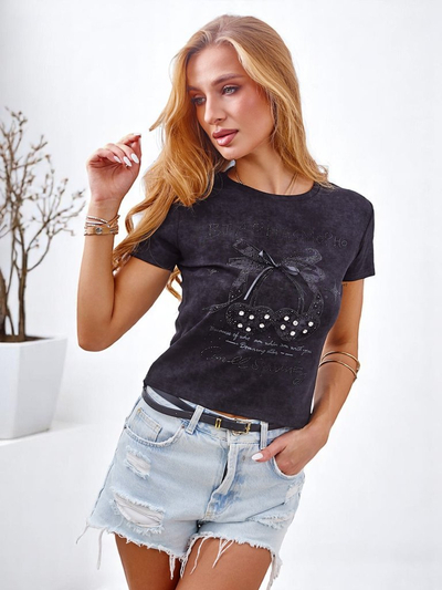 T-shirt en coton pour femme Royalfashion avec strass et nœud