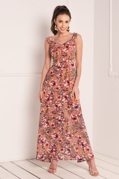 Robe longue fleurie corail femme - Vêtements