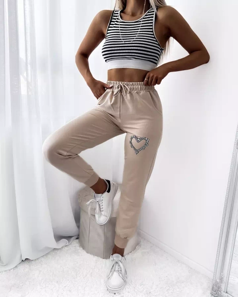 Pantalon de survêtement beige pour femme avec décorations en zircon- Vêtements